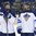 POPRAD, SLOVAKIA - APRIL 22: Finland's Toni Utunen #2 and Aarre Isiguzo #6 stand during player of the game awards following a 2-1 overtime victory against Russia during semifinal round action at the 2017 IIHF Ice Hockey U18 World Championship. (Photo by Andrea Cardin/HHOF-IIHF Images)